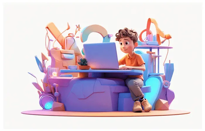 Boy Using Laptop Home Study 3D Character Design Artwork Illustration